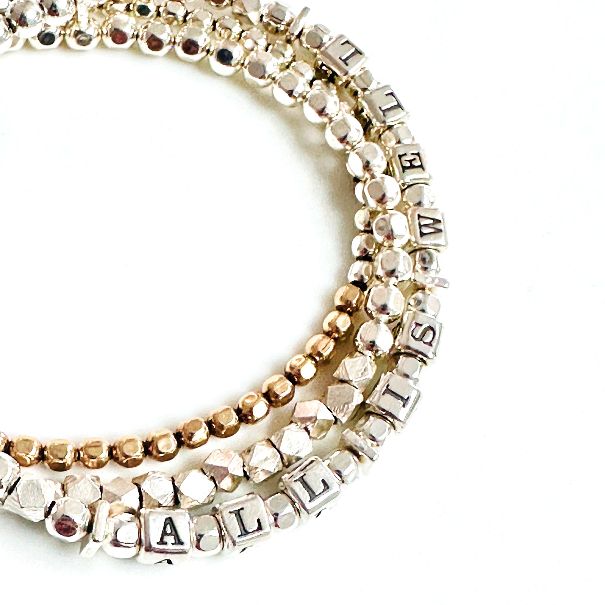 All is Well and Everything is OkSterling silver gift affirmation and mantra, shown with gold stacking bracelet