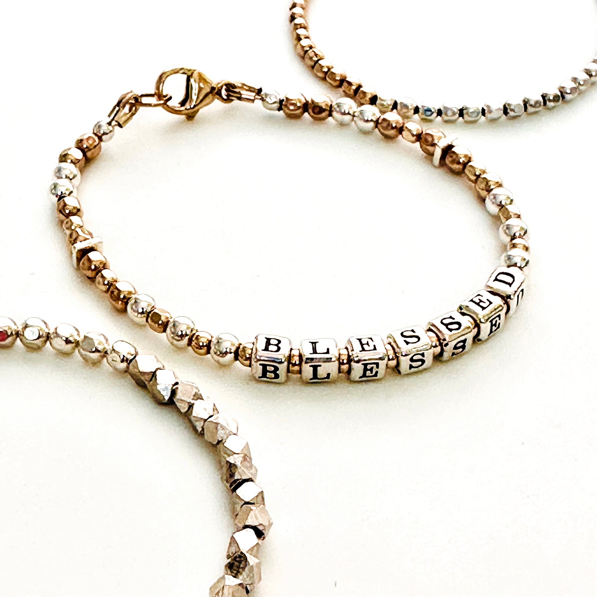 BLESSED bracelet engraved in sterling silver and 4k gold beads