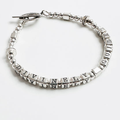 Engraved beaded DIVINELY GUIDED Sterling Silver Christian faith gift bracelet