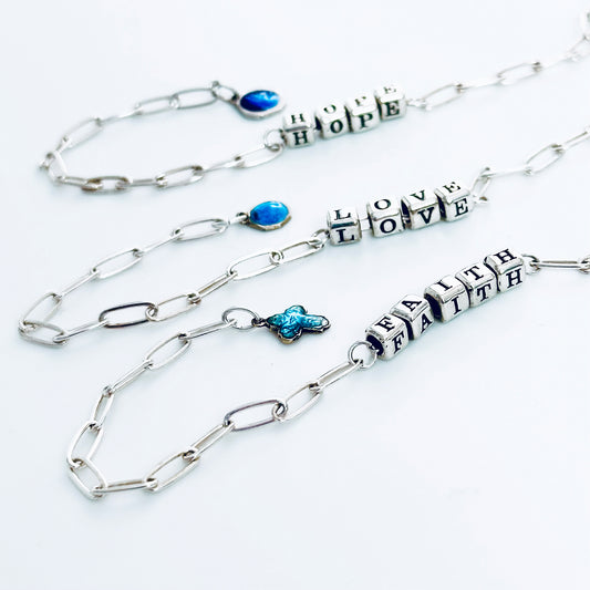 Delicate Hope Love Faith Sterling Silver Gift Bracelets with vintage French blue enamel religious charms