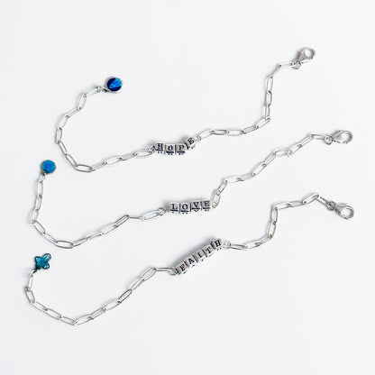Delicate sterling silver Faith Hope Love Christian gift bracelets with vintage blue medal charms 