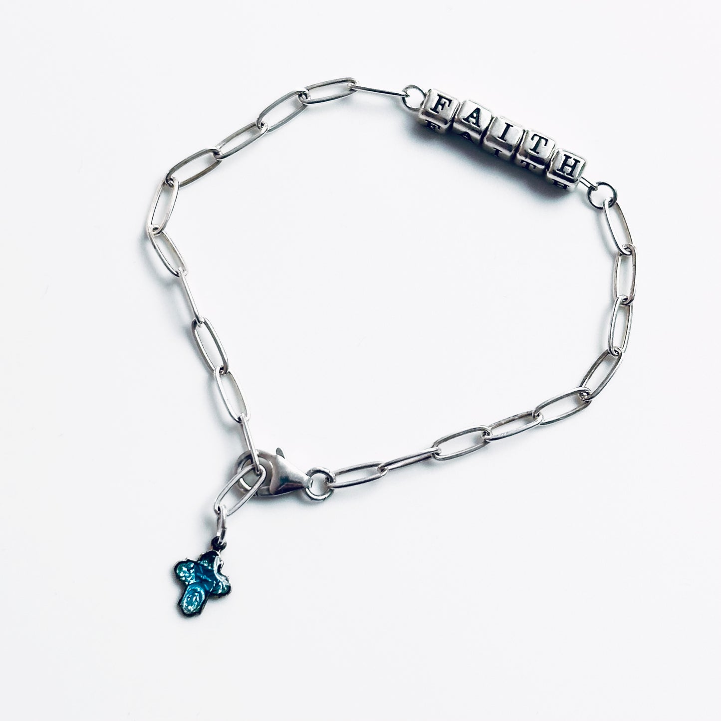 Delicate Faith Bracelet in Sterling Silver and vintage sterling and enamel  cross charm