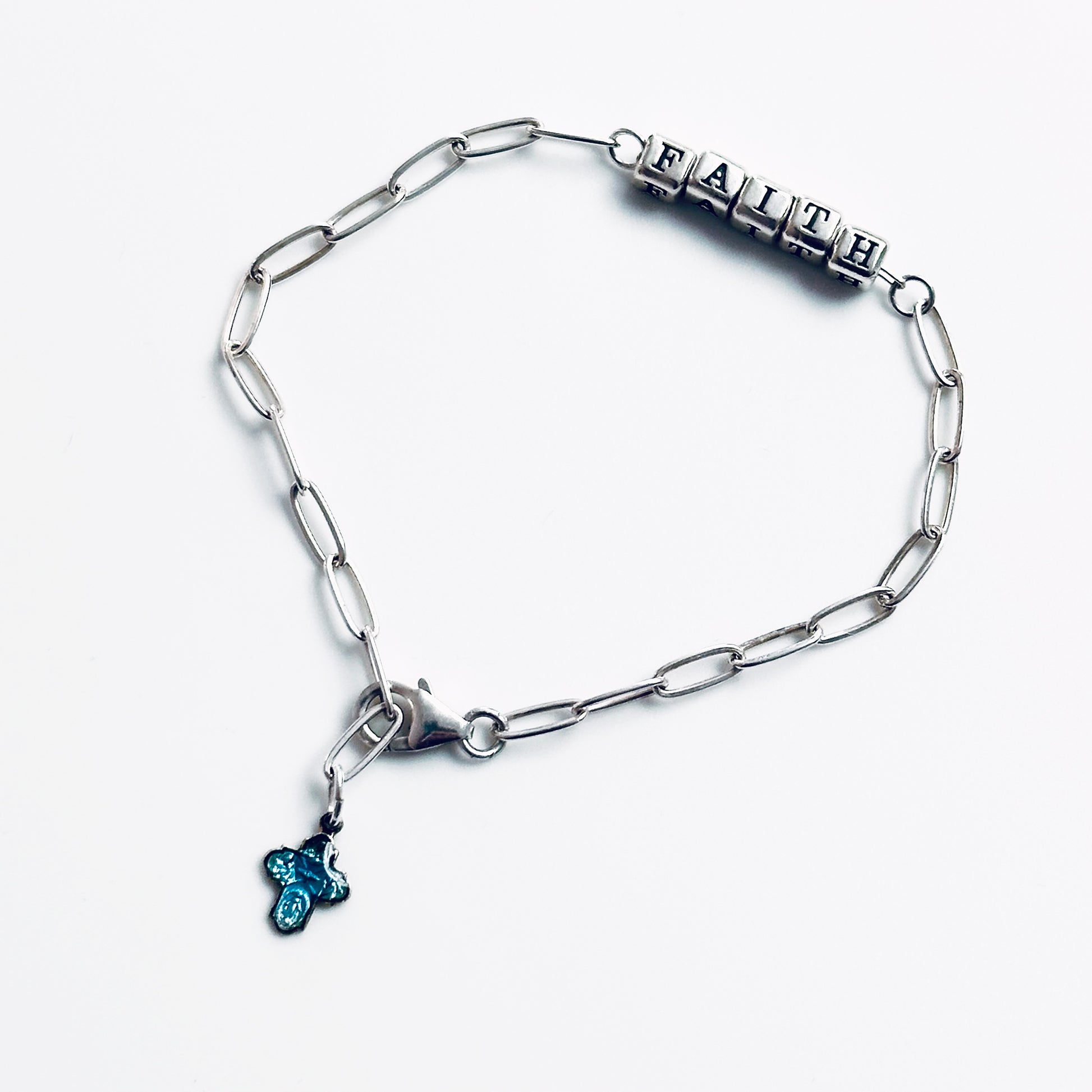 Delicate Faith Bracelet in Sterling Silver and vintage sterling and enamel  cross charm