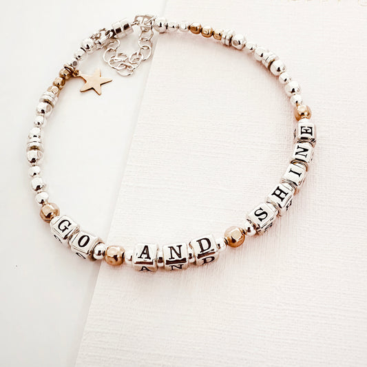 sterling silver and 14k gold Bracelet with letter beads spelling 'GOLD AND SUNSHINE' for College Graduation gift