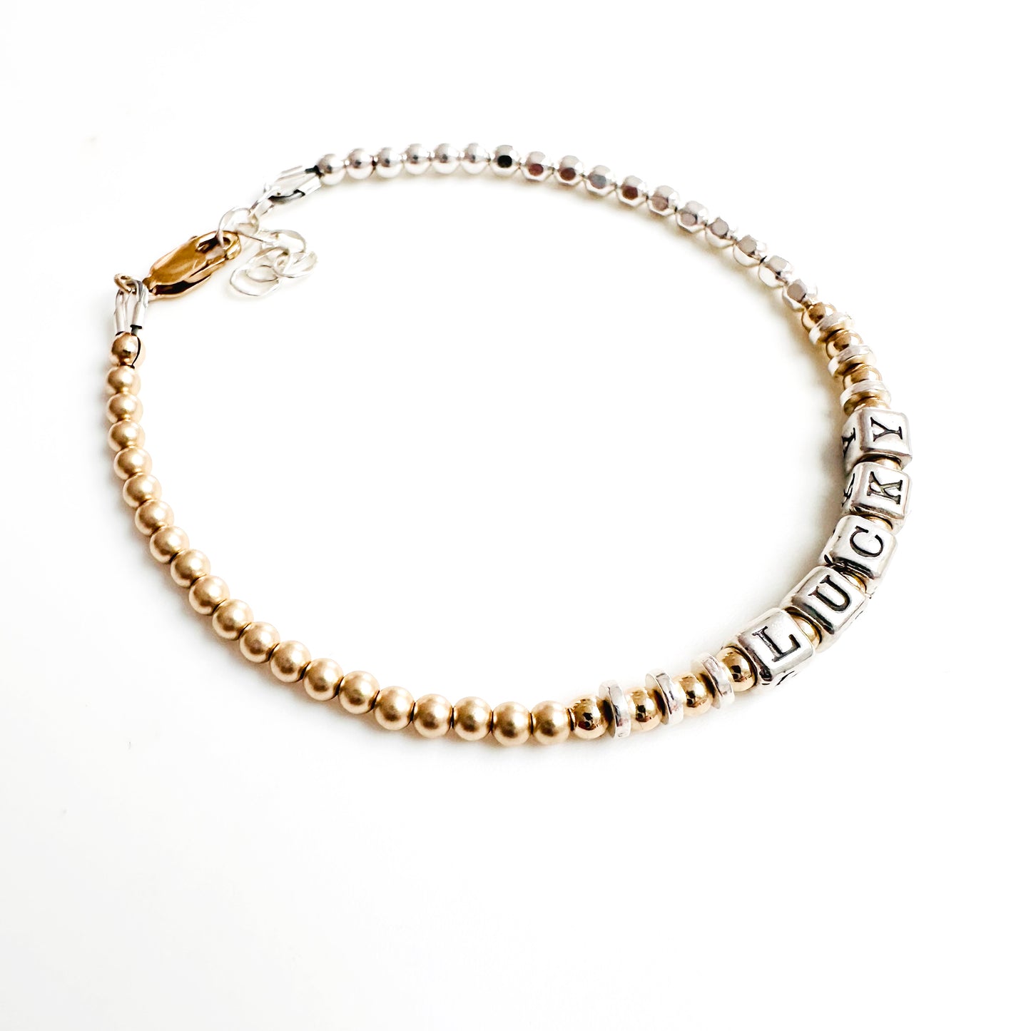 Lucky Good Luck and Appreciation Gift Bracelet in sterling silver and 14k gold 