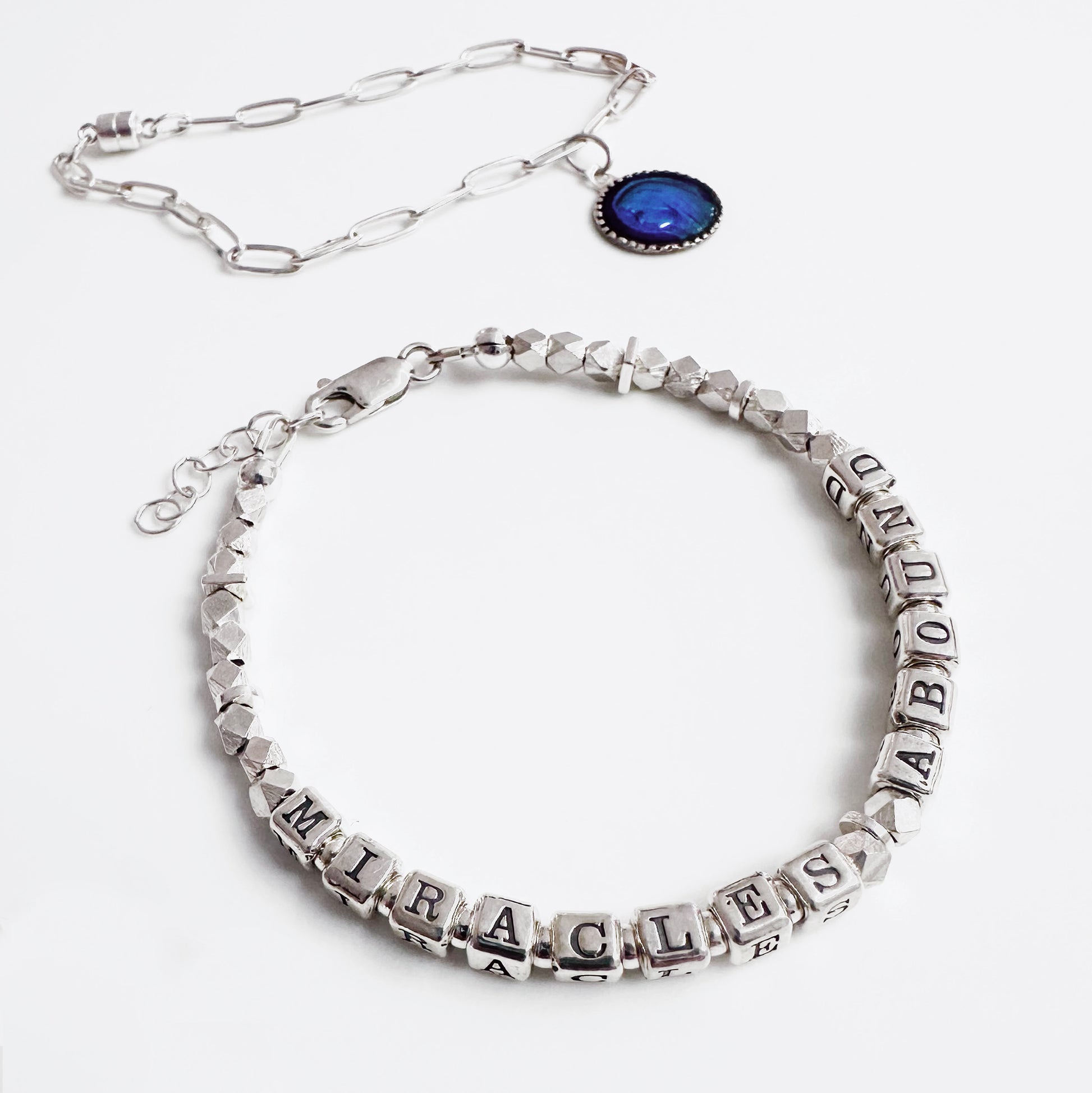 Sterling Silver Miracles Gift Bracelet for hope, healing, congratulations, positive thinking spells out MIRACLES ABOUND