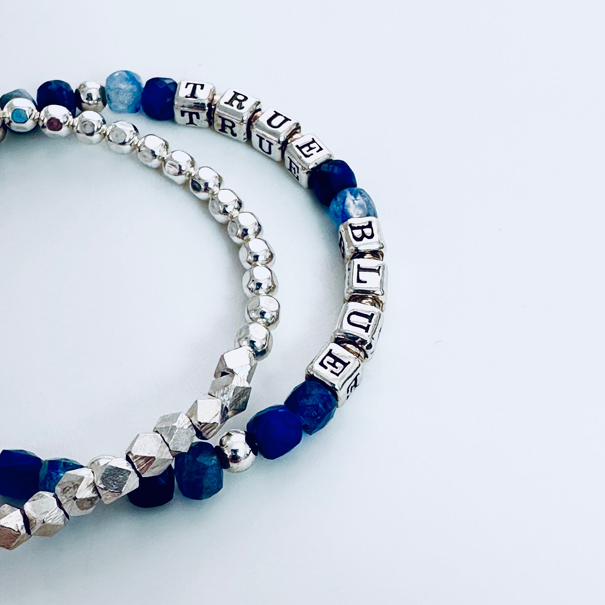 True Blue Sterling Silver Engraved Faith and Friendship Bracelet with Blue Kyanite and Lapis Beads