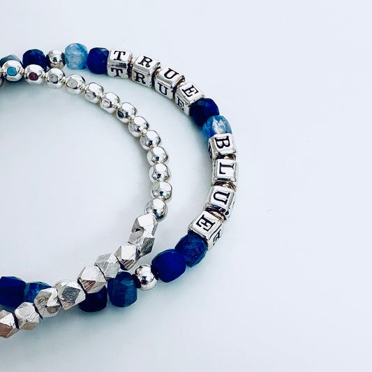 True Blue Sterling Silver Engraved Faith and Friendship Bracelet with Blue Kyanite and Lapis Beads