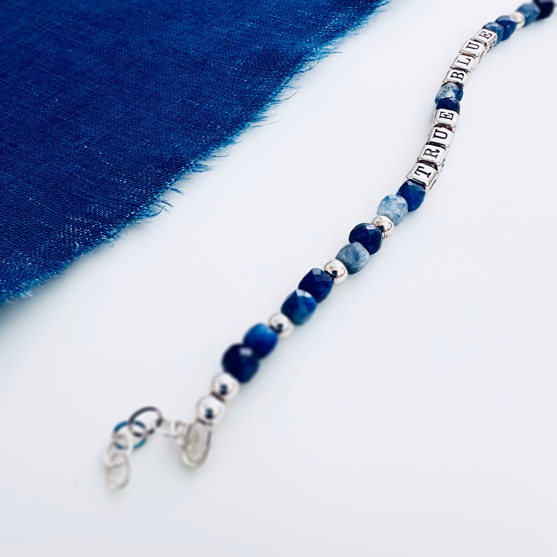 True Blue Sterling Silver Engraved Friendship Bracelet with Blue Kyanite and Lapis Beads